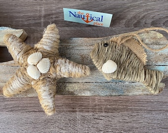 Jute Rope Starfish or Fish Ornament w/ Shells - Handmade Nautical Christmas Decor - Tropical Beach Accents