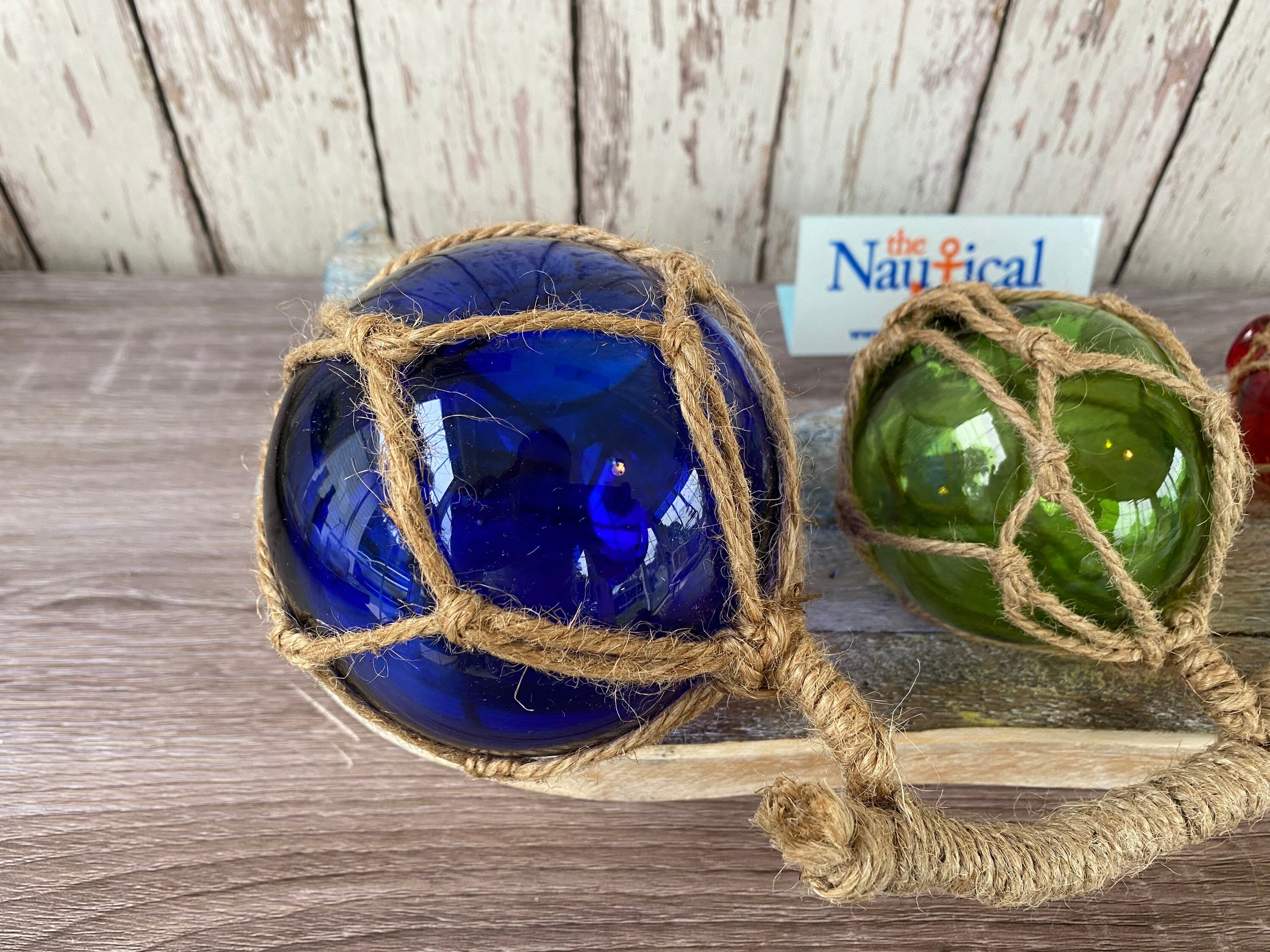 4 Glass Fishing Floats On Rope Fish Net Buoy Ball Nautical Beach