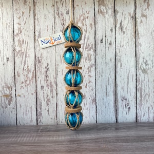 5 - 2" Aqua Glass Fishing Floats On Rope - Fish Net Buoy Ball - Nautical Decor - Light Blue w/ Rope Netting & Cork