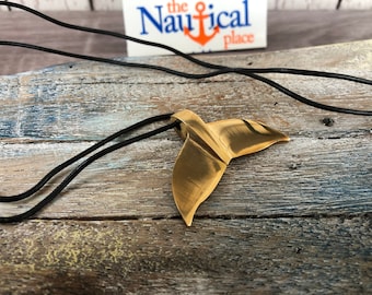 Solid Brass Whales Tail Necklace Pendant w/ Cord - Old Vintage Antique Style Jewelry - Nautical Charm - Christmas Gift