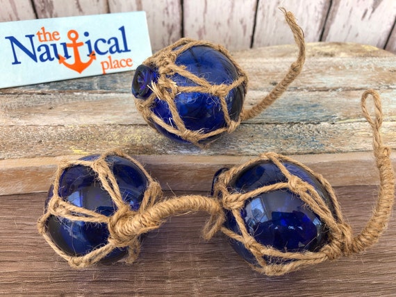2 Cobalt Blue Glass Fishing Floats Nautical Coastal Beach Decor Fish Net  Buoy Ball W/ Rope Netting Christmas Ornaments single, 3 or 6 