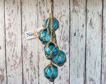 5 - 2" Aqua Glass Fishing Floats On Rope - Nautical Fish Net Buoy - Light Blue Ball, Teal, Turquoise w/ Rope Netting - Beach Decor