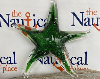 7.5" Glass Green Starfish Figurine / Hand Blown Nautical Paperweight -  Coastal, Tropical, Beach Decor - Tabletop Decorations