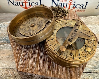 Brass Sundial Compass w/ Screw On Lid - Antique Finish w/ Optional 27" Chain & Velour Bag - Old Vintage Pocket Style - Nautical Necklace