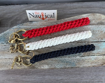 Rope Bell Pull w/ 3 Brass Shackles - Braided Knot Lanyard - Hand Tied Sailor Bellpull - Red, Navy Blue, Bright White