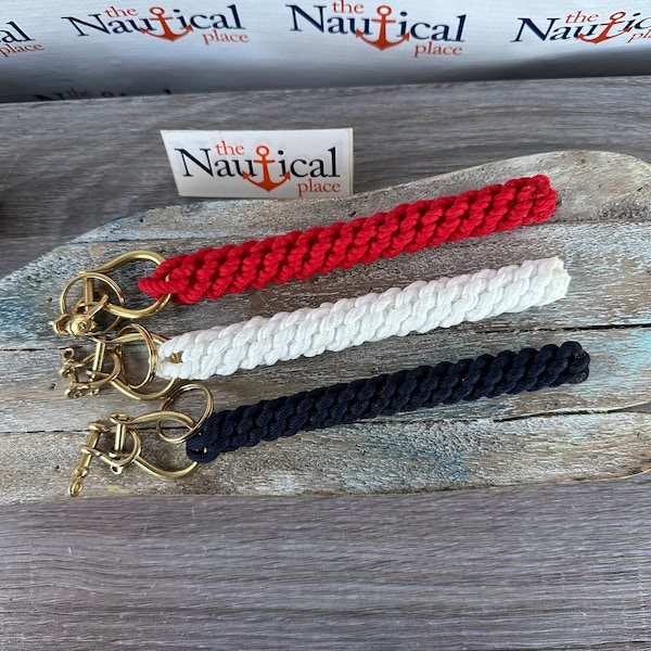 Rope Bell Pull w/ 3 Brass Shackles - Braided Knot Lanyard - Hand Tied Sailor Bellpull - Red, Navy Blue, Bright White