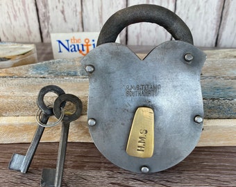 Old Style Iron Lock and Keys w/ Brass Keyhole Cover - RMS Titanic Large - Vintage Antique Rustic Style - Police Jailer Padlock