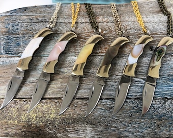 Knife Necklace w/ Abalone or Mother of Pearl Handle - 27" Brass Chain & Velour Bag -Tiny Pocket Knives -Mini Pendant -Groomsman Gift for Him