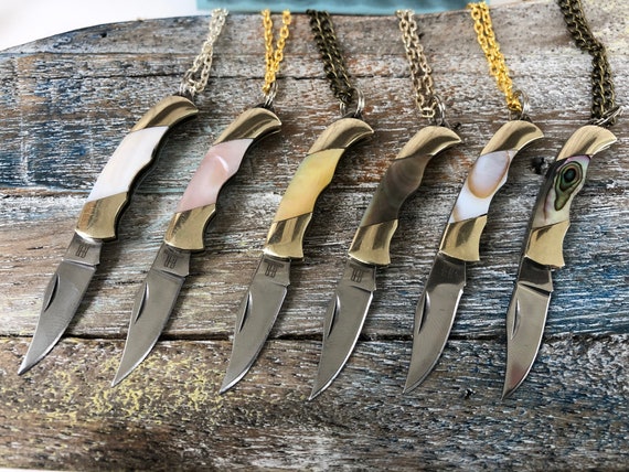 Knife Necklace w/ Abalone or Mother of Pearl Handle - 27" Brass Chain & Velour Bag -Tiny Pocket Knives -Mini Pendant -Groomsman Gift for Him