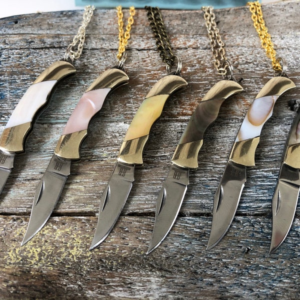 Knife Necklace w/ Abalone or Mother of Pearl Handle - 27" Brass Chain & Velour Bag -Tiny Pocket Knives -Mini Pendant -Groomsman Gift for Him