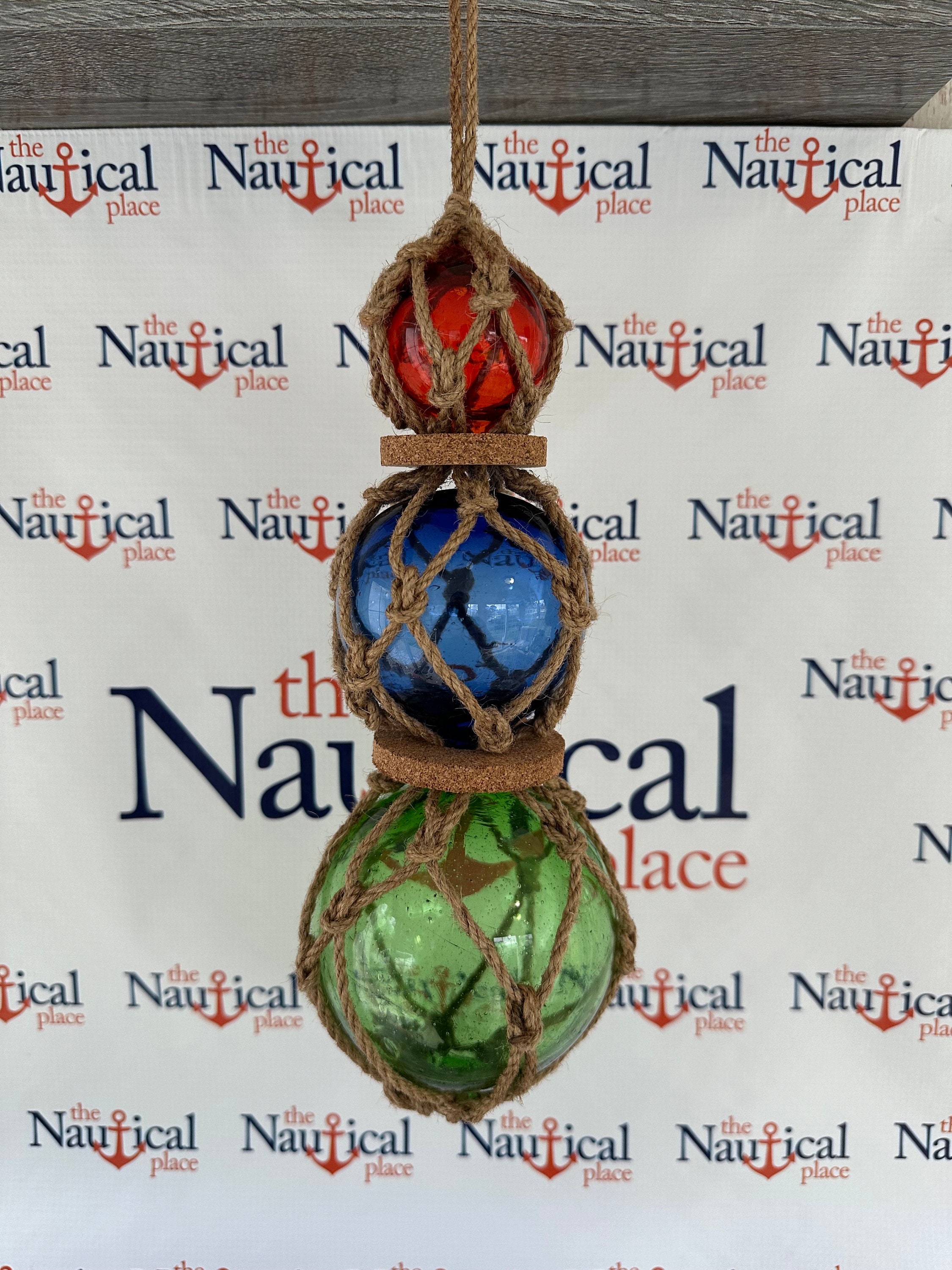 3 Glass Fishing Floats On Rope - Fish Net Buoy Ball - Nautical Beach Decor  - Blue, Green, Red w/ Rope Netting & Cork