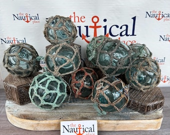 3.5" Japanese Glass Fishing Floats With Netting - Vintage Japan Ball - Old Fish Net Buoy - Aqua Shades - Single, Set of 5 or 10