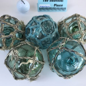 3.5 Japanese Glass Fishing Floats With Netting Vintage Japan Ball Old Fish Net Buoy Aqua Shades Single, Set of 5 or 10 5 Floats