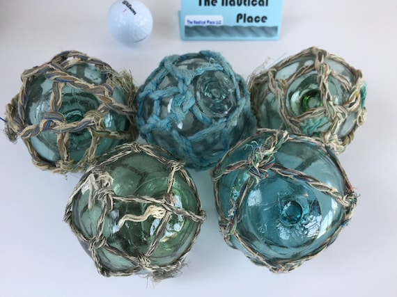 3.5 Japanese Glass Fishing Floats With Netting Vintage Japan Ball Old Fish  Net Buoy Aqua Shades Single, Set of 5 or 10 