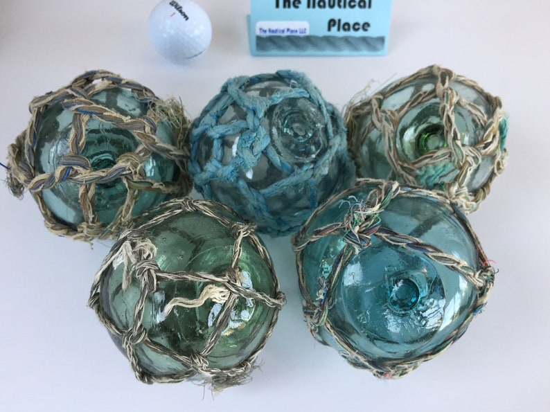 3.5 Japanese Glass Fishing Floats With Netting Vintage Japan Ball Old Fish Net Buoy Aqua Shades Single, Set of 5 or 10 5 Floats