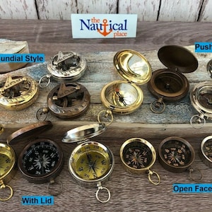 Brass Compass Necklace - With Lid, Push Button, Pocket Sundial - Antique, Silver, Gold - Old Vintage Style - Nautical Keychain Jewelry