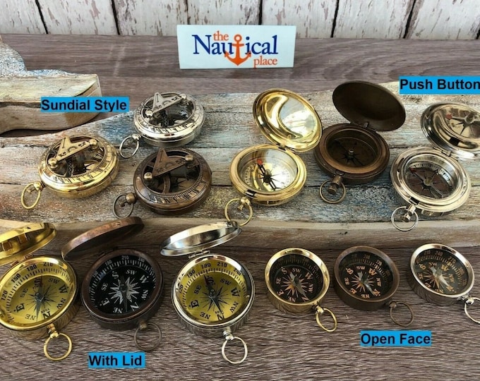 Featured listing image: Brass Compass Necklace - With Lid, Push Button, Pocket Sundial - Antique, Silver, Gold - Old Vintage Style - Nautical Keychain Jewelry