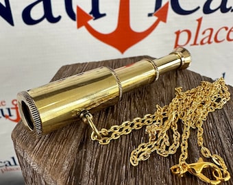 Brass Pocket Telescope w/ Optional 27" Chain & Velour Bag - Mini Hand Held Pirate Spyglass - Nautical Necklace - Christmas Gift