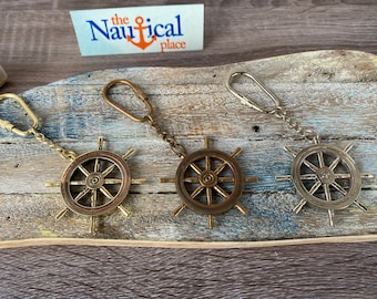 Brass Ship Wheel Keychain - Gold, Antique, Silver Finish - Necklace Pendant Charm - Vintage Nautical Style Jewelry - Captain, Pirate