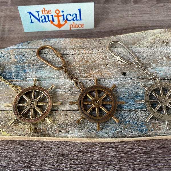 Brass Ship Wheel Keychain - Gold, Antique, Silver Finish - Necklace Pendant Charm - Vintage Nautical Style Jewelry - Captain, Pirate