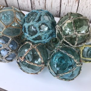 3.5 Japanese Glass Fishing Floats With Netting Vintage Japan Ball Old Fish Net Buoy Aqua Shades Single, Set of 5 or 10 image 8