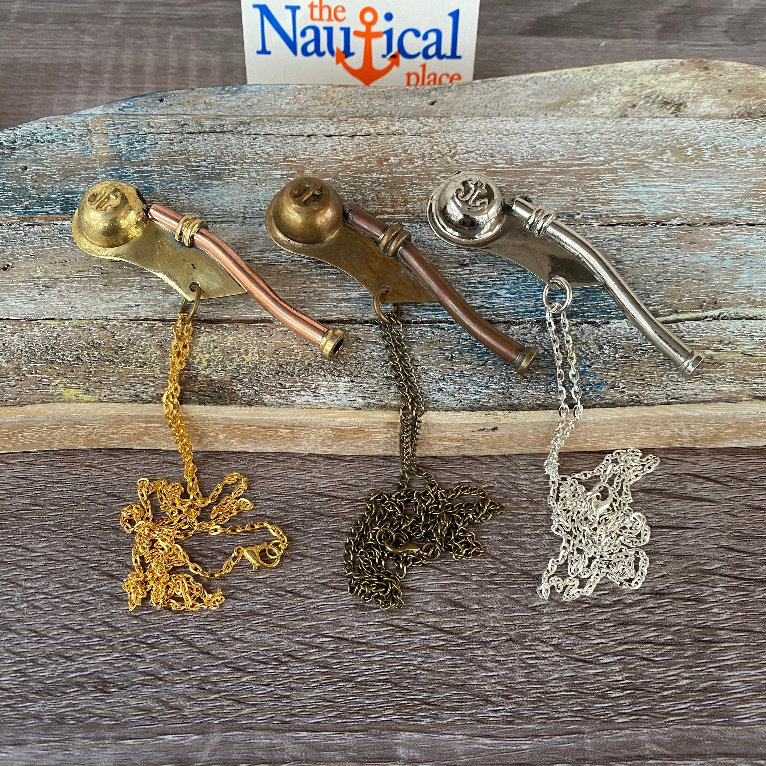 Brass Boatswain Whistle - Bosun Call Pipe w/ Optional 27 Chain & Bag -  Antique, Silver Finish - Nautical Style Necklace - Groomsmen Gift