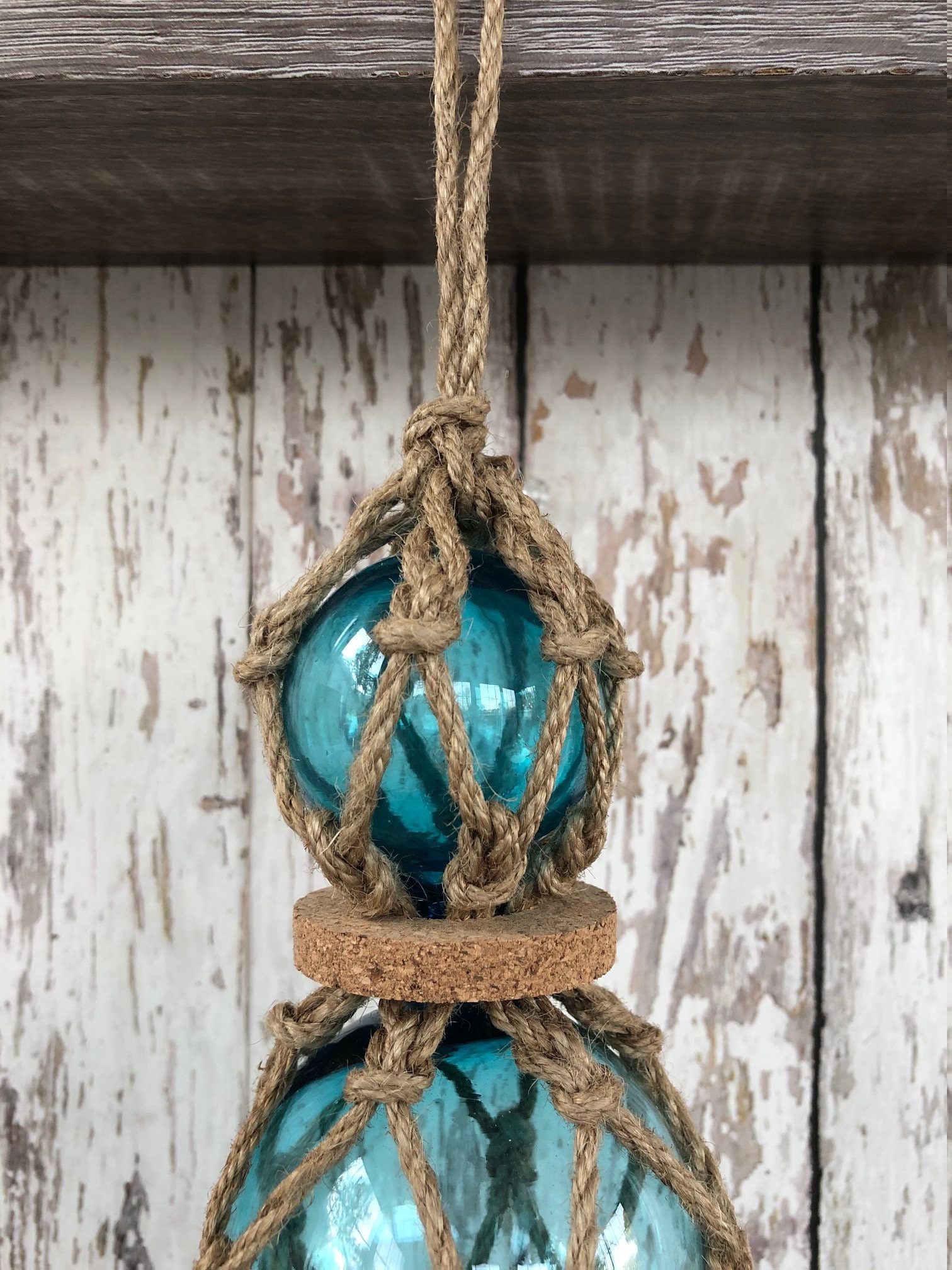 3 Aqua Glass Fishing Floats On Rope Light Blue, Turquoise Buoy Balls