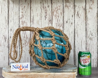 Large 8" Aqua Glass Fishing Float w/ Weathered Rope Netting - Light Blue Ball - Volleyball Size - Nautical Yard Art - Buoy Decor