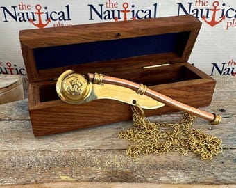 Brass / Copper Boatswain Whistle w Chain & Wood Box - Bosun Call Pipe Necklace - Navy Captain - Old Vintage Style - Nautical Maritime