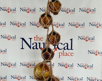 6 Amber Glass Fishing Floats On Rope - Fish Net Buoy Ball - Nautical Beach Decor w/ Jute Rope Netting