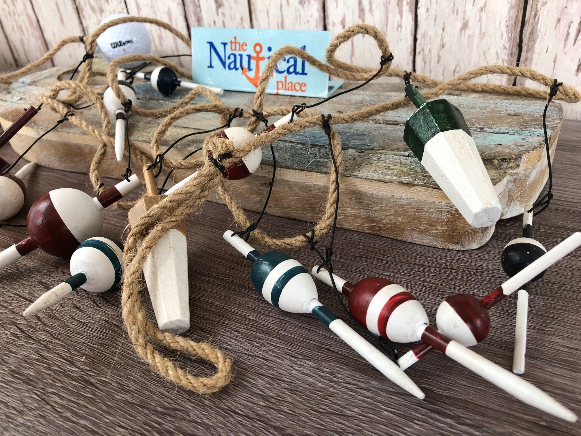 9 ft Wood Fishing Bobber Floats On String - Buoy Fish Net Garland - Wooden  Nautical Decor - Christmas Tree Ornament
