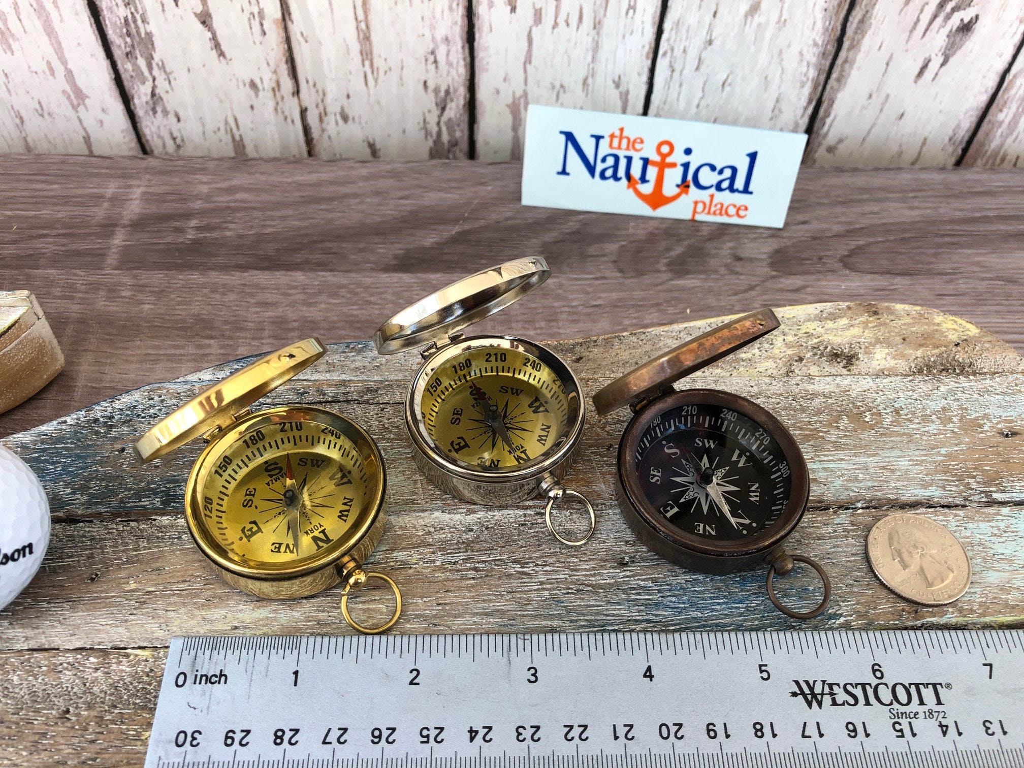 Brass Compass Necklace - With Lid, Push Button, Pocket Sundial - Antique,  Silver, Gold - Old Vintage Style - Nautical Keychain Jewelry
