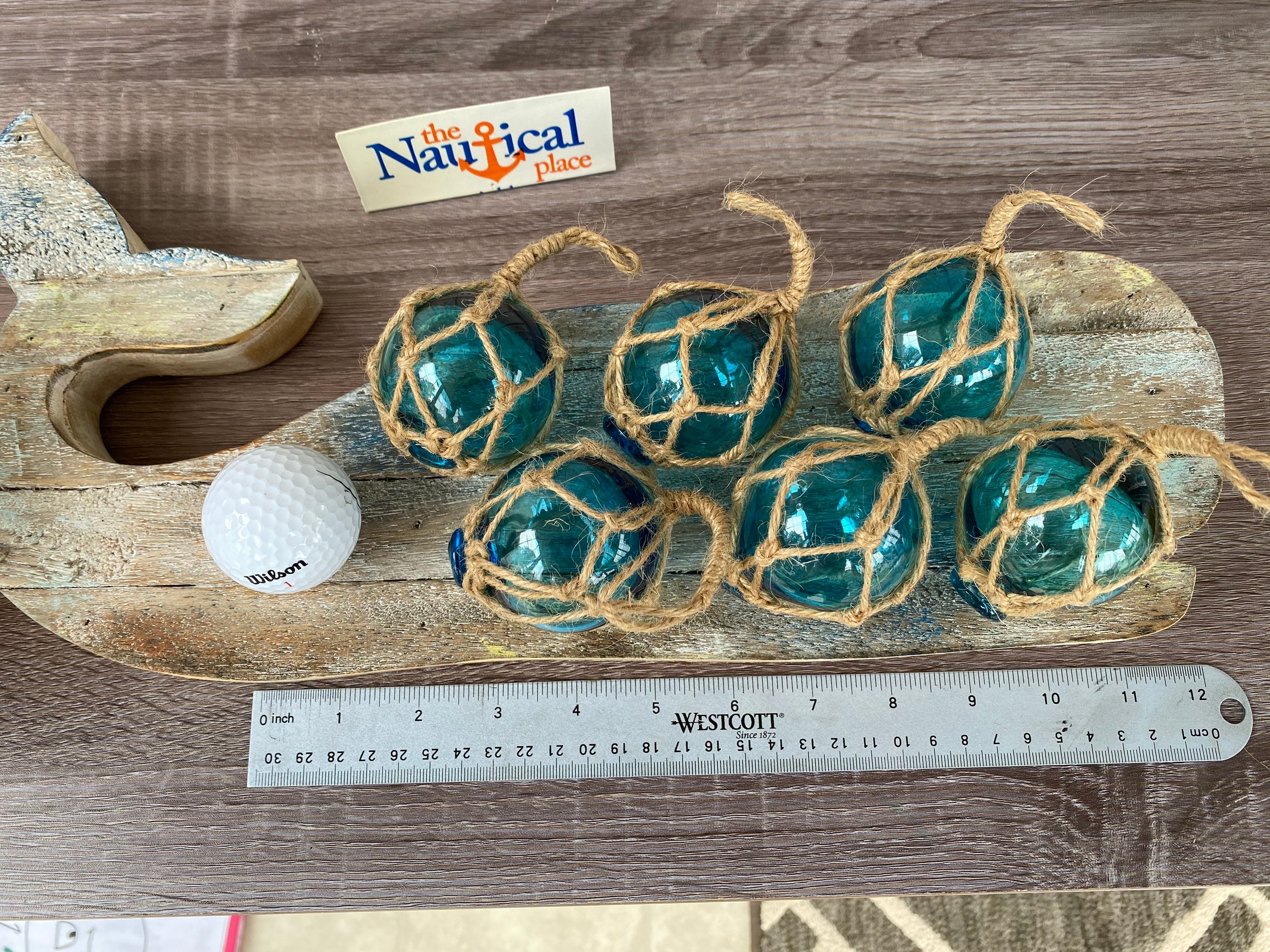 2 Aqua Glass Fishing Floats- Light Blue Turquoise Nautical Beach Decor - Fish  Net Buoy Ball w/ Rope Netting - Christmas Ornaments