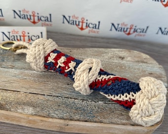 Americana Rope Bell Pull w/ Monkey Fist Knot Ball & Brass Shackle - Patriotic Braided Knot Lanyard - Hand Tied Sailor Bellpull
