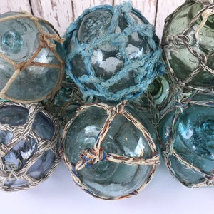 3.5 Japanese Glass Fishing Floats With Netting Vintage Japan Ball Old Fish Net Buoy Aqua Shades Single, Set of 5 or 10 image 7