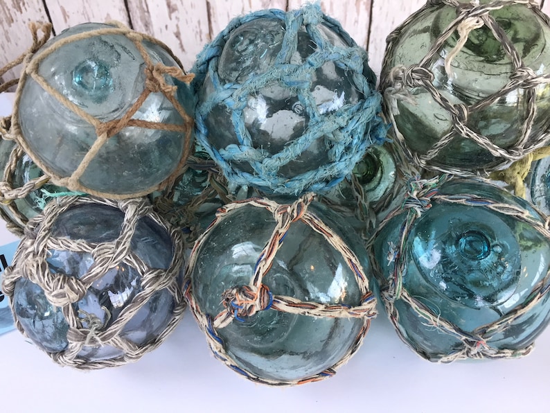 3.5 Japanese Glass Fishing Floats With Netting Vintage Japan Ball Old Fish Net Buoy Aqua Shades Single, Set of 5 or 10 image 7