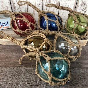 3" Glass Fishing Floats - Fish Net Buoy Decor - Red, Blue, Green, Clear, Aqua Ball w/ Rope Netting - Nautical