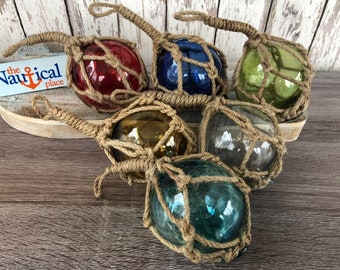 3" Glass Fishing Floats - Fish Net Buoy Decor - Red, Blue, Green, Clear, Aqua Ball w/ Rope Netting - Nautical