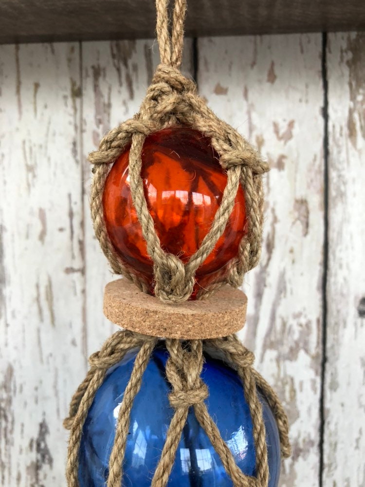 3 Glass Fishing Floats On Rope Fish Net Buoy Ball Nautical Beach