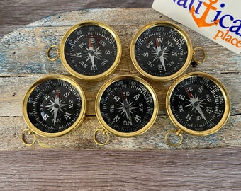 Lot of 5 Brass Compasses - 1+3/4" Diameter - Vintage Pocket Style - Makes a Great Keychain or Necklace