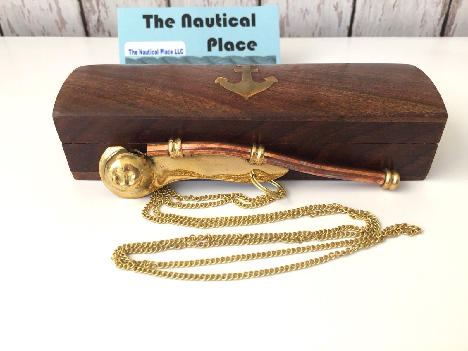 Brass / Copper Boatswain Whistle w Chain & Wood Box Bosun Call Pipe Necklace Navy Captain