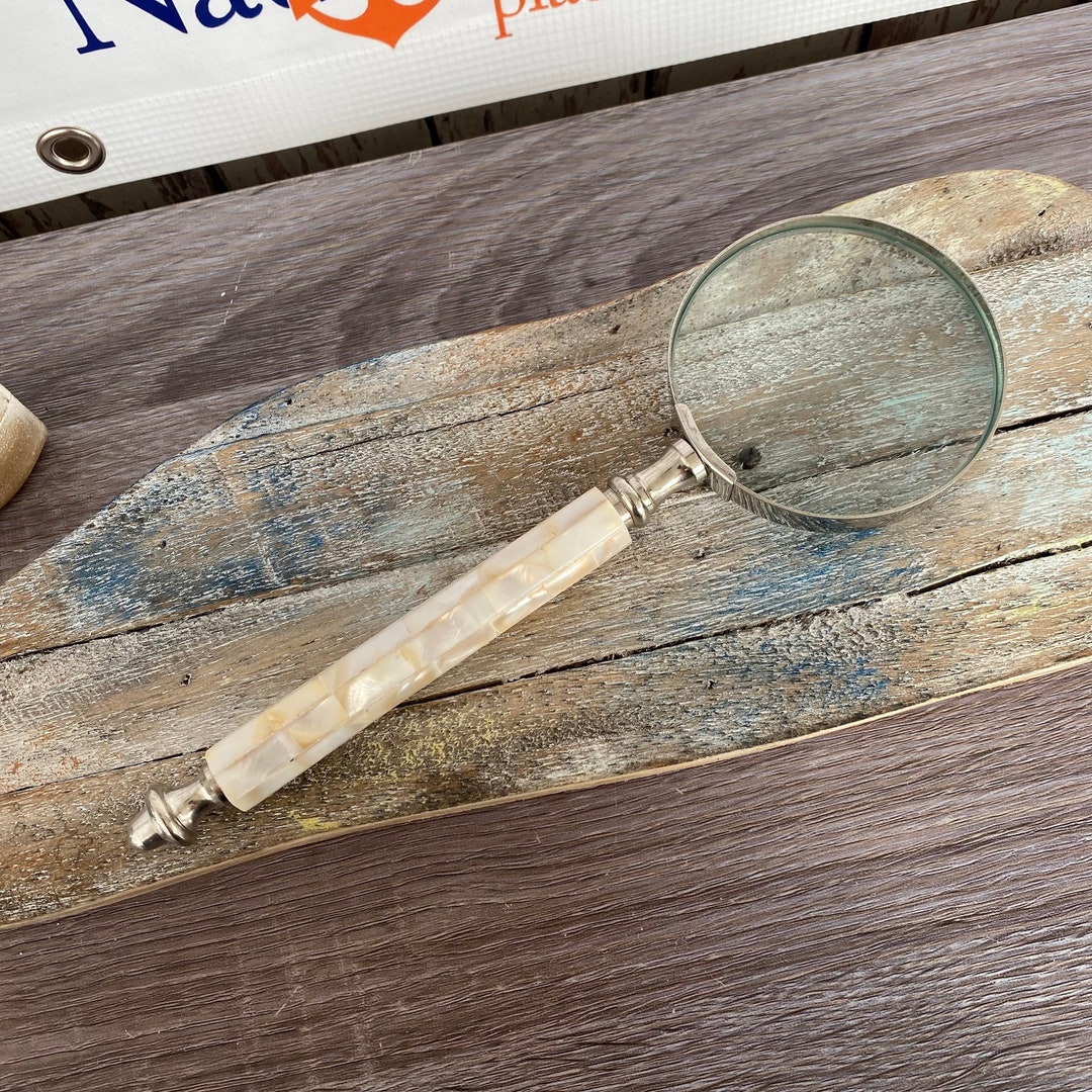 9 Brass Magnifying Glass W/ Mother of Pearl Handle Hand Held Magnifier