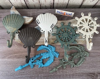 Nautical Cast Iron Wall Hooks - Palm Tree, Seashell, Ship Wheel - Towel Hanger, Coat, Hat, Key Rack - Nautical Decor - Beach Bathroom Accent