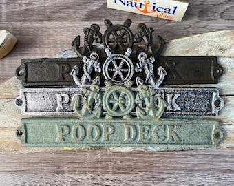 Nautical Sign - Poop Deck w/ Ship Wheel, Anchor Design - Cast Iron - Nautical Decor - Wall Plaque - Boat Cabin Door