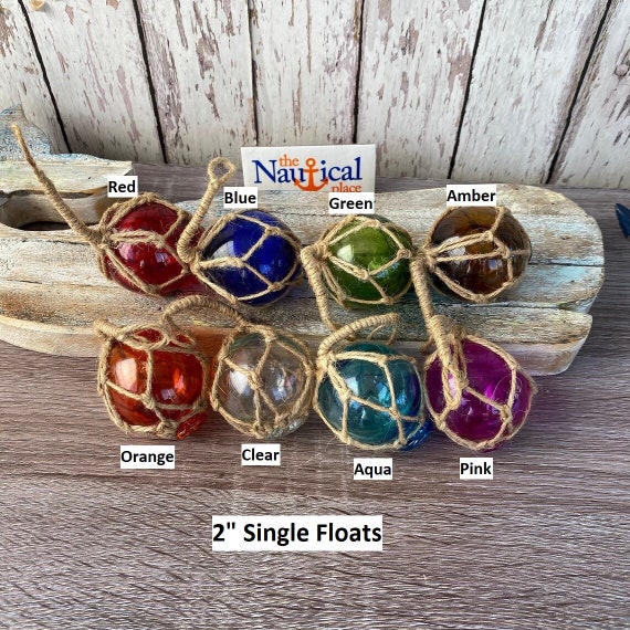 2 Glass Fishing Floats on Jute Rope Fish Net Buoy Red, Blue, Green, Aqua,  Yellow, Clear, Pink, Orange Decorative Nautical Ball 