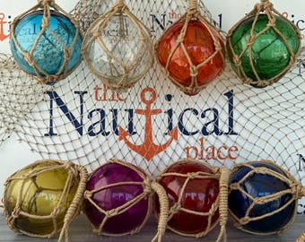 Medium 5" Glass Fishing Floats - Red, Blue, Green, Aqua, Clear - Nautical Fish Net Buoy - Decorative Ball w/ Rope Netting