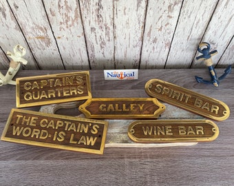 Nautical Door Signs - Wood & Brass - Captain's Quarters, Galley, Wine, Spirit Bar - Nautical Wall Plaque - Christmas Gift
