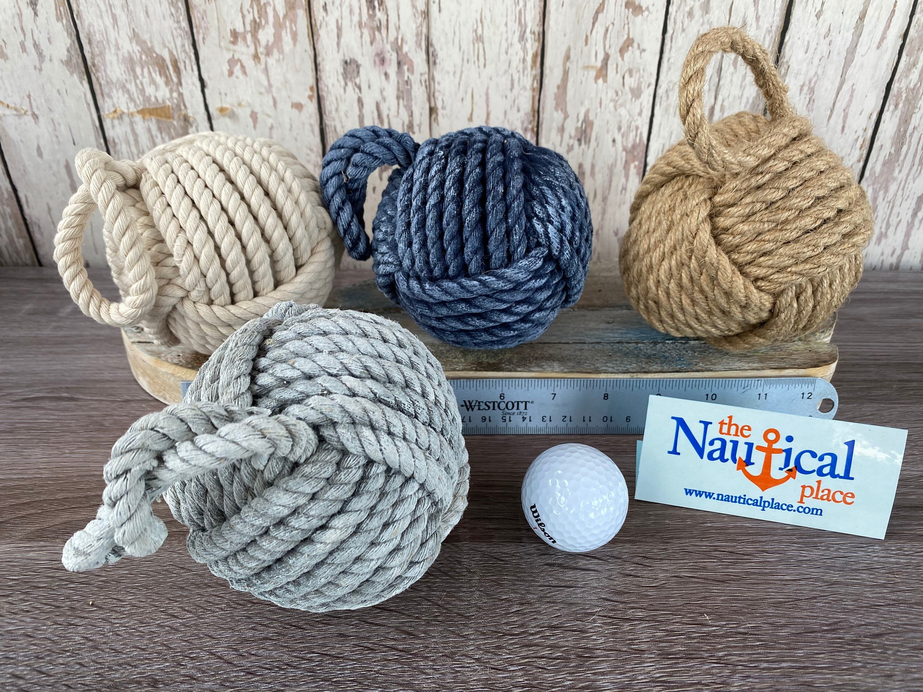 3.5 - 4 Monkey Fist Knot Ball w/ Hanger Loop - Handmade Jute Rope Sailor  Knot - Blue, Natural Tan, White, Gray - Nautical Decor For Bowls