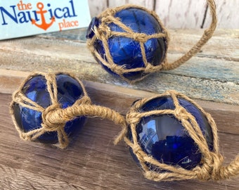 2" Cobalt Blue Glass Fishing Floats- Nautical Coastal Beach Decor - Fish Net Buoy Ball w/ Rope Netting - Christmas Ornaments -Single, 3 or 6