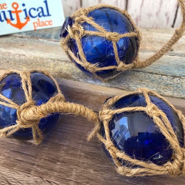 2" Cobalt Blue Glass Fishing Floats- Nautical Coastal Beach Decor - Fish Net Buoy Ball w/ Rope Netting - Christmas Ornaments -Single, 3 or 6